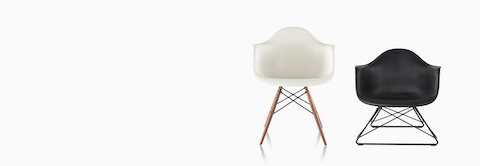 Two Eames Molded Plastic Armchairs, one with a low wire base and one with a dowel base.