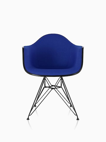 Eames Molded Plastic Armchair in blue textile with wire base.