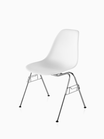 White Eames Molded Plastic Chair with stacking base. Select to go to the Eames Molded Plastic Chairs product page.