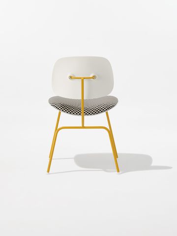 A back view of the Eames Molded Plastic Dining Chair EC-127 with white shell, checkered upholstery and a yellow metal frame.