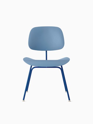 A front view of the Eames Molded Plastic Dining Chair EC-127 in all blue seat and metal frame.