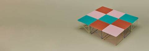 Grid of various colors of Eames Wire Base Low Tables.