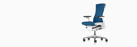 Blue Embody office chair with a white frame with polished aluminum base.