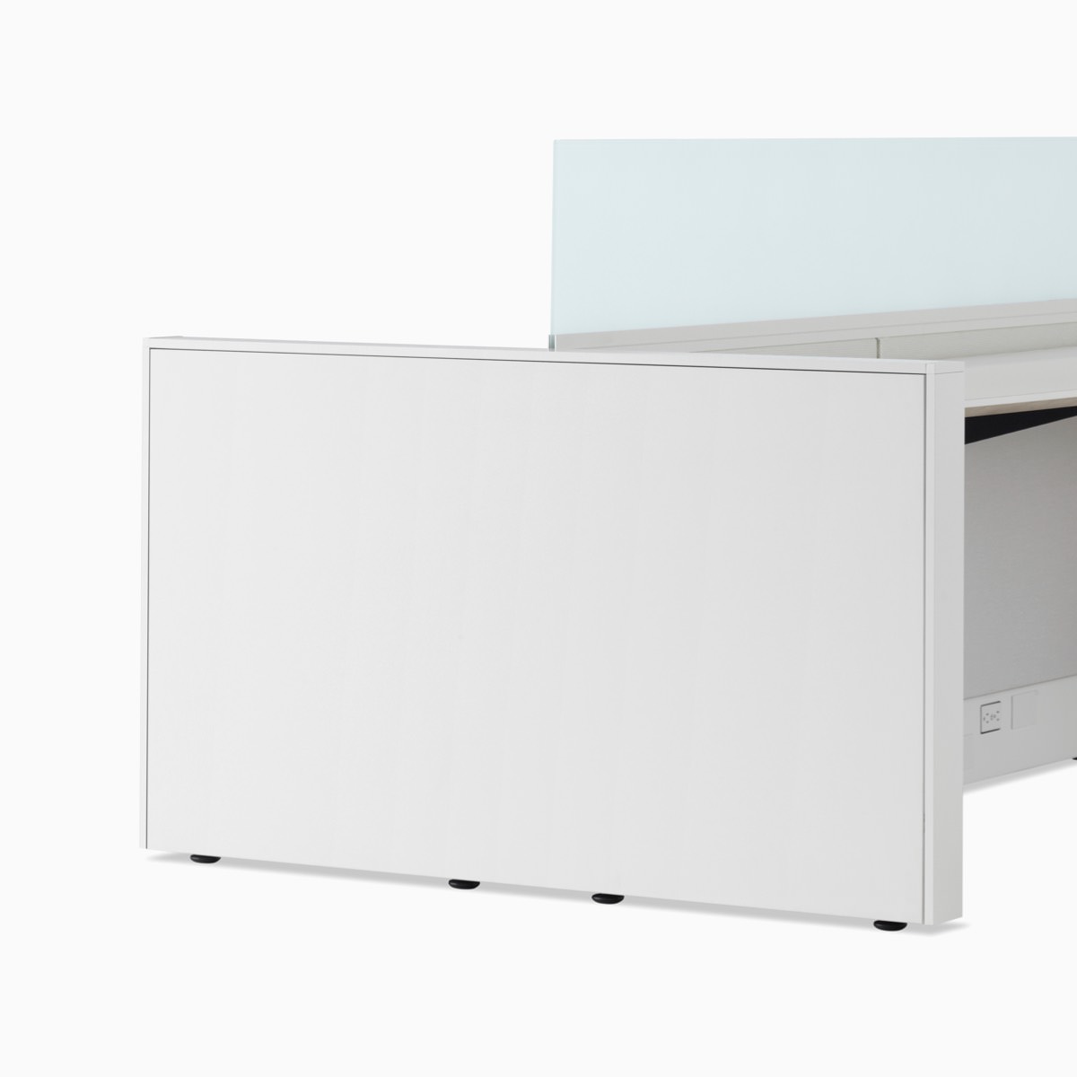 Close-up of an Ethospace workstation end panel in a white finish.
