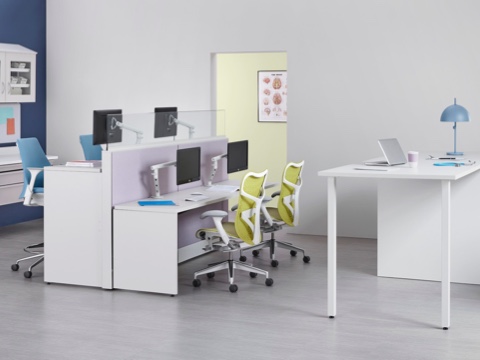 Ethospace Nurses Station elements create work surfaces of various heights in a healthcare administrative area.