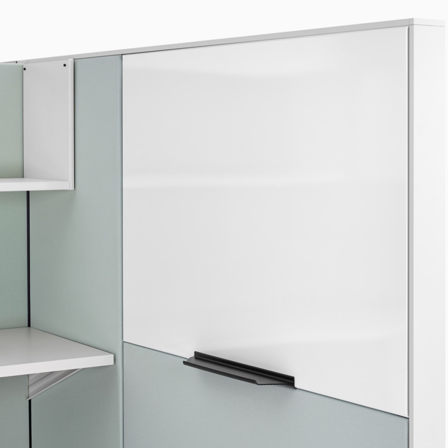 Detail of Ethospace System white board hung on light green fabric tiles.