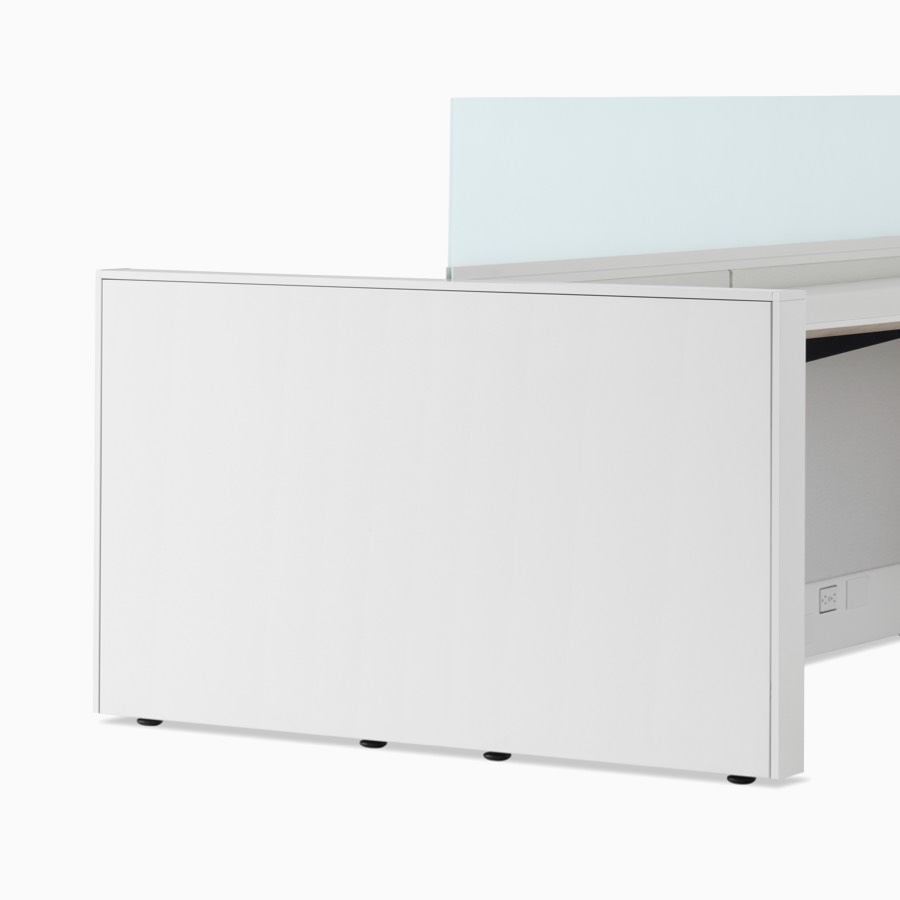 Close-up of an Ethospace workstation end panel in a white finish.
