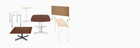 Six Everywhere Tables in a variety of top shapes, base styles, heights, and finishes.