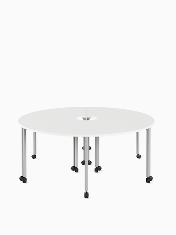 Three white round corner Everywhere Tables positioned together to form a ring. Select to go to the Everywhere Tables product page.