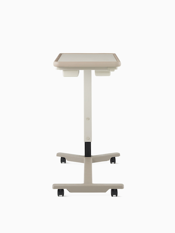 Back view of EZ-123 Overbed Table with folkstone grey laminate top, pewter urethane edge, ash gray column, and titanium base.
