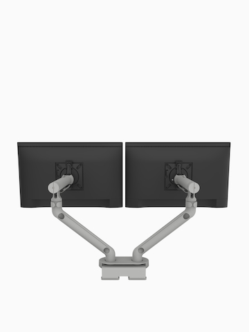 Flo Dual monitor arm in silver, viewed from the back.