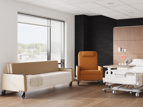 Gemma Recliner and Gemma Flop Sofa paired with Mora System in a patient room.