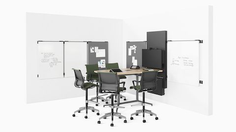 A rendering image of the Headway Conference Table with Y-Base in a huddle room with video conferencing and Setu Stools.