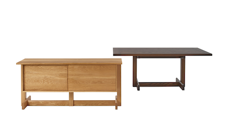 A front view of the Land Table in oak and the Land credenza in umber.