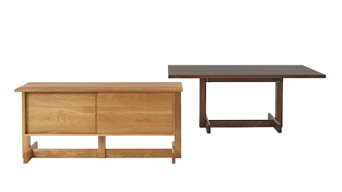 A front view of the Land Table in umber and the Land credenza in oak.