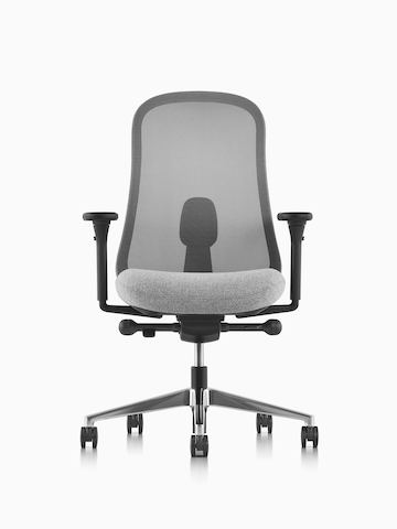 Black and gray Lino Chair with adjustable sacral lumbar support, viewed from the front.