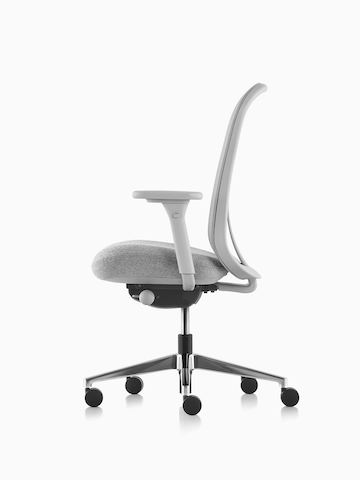 Gray Lino Chair with adjustable sacral lumbar support, viewed from the side.