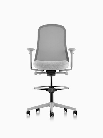 Light gray Lino Stool with a suspension back and upholstered seat, viewed from the front.