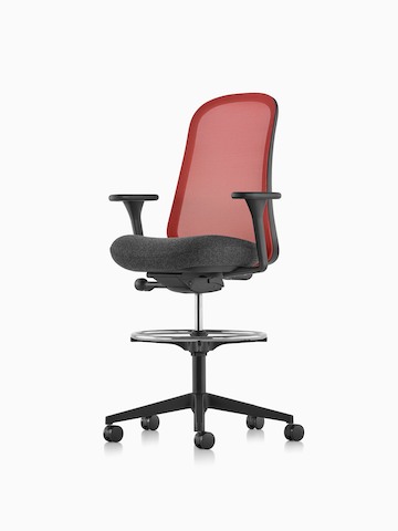 Red and black Lino Stool with a suspension back and upholstered seat, viewed from the front at an angle.