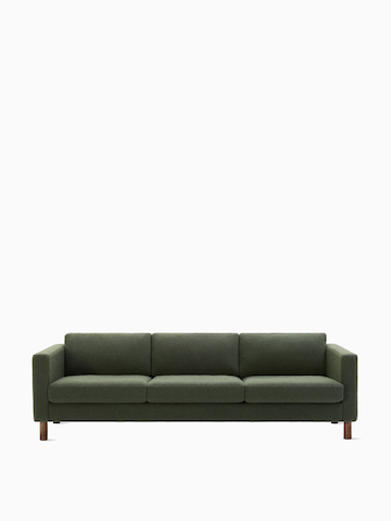 Front view of three seater Lispenard Sofa, 17 inches in dark green textile and 6 inch walnut legs.