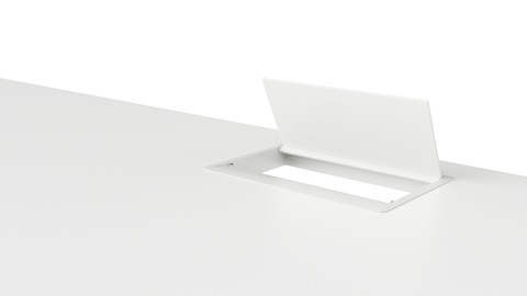 A grommet-mounted Logic G1200 an open, white, desktop pop-up power port.