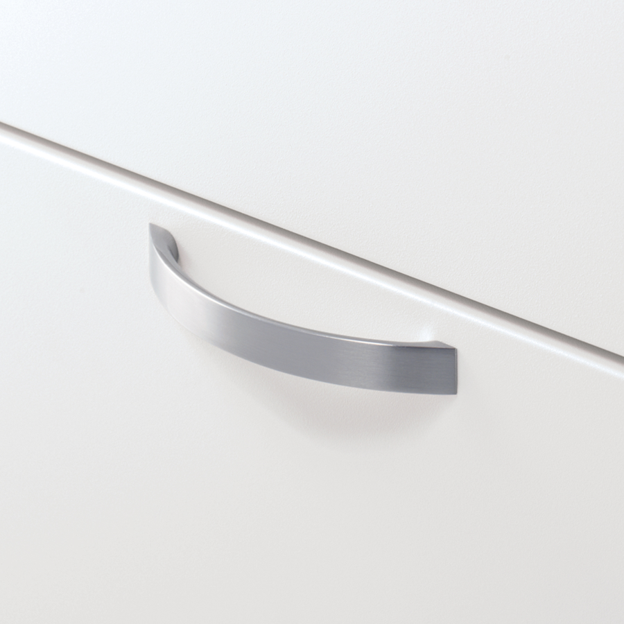 Close up image of a silver arc pull on a white Meridian Storage case.