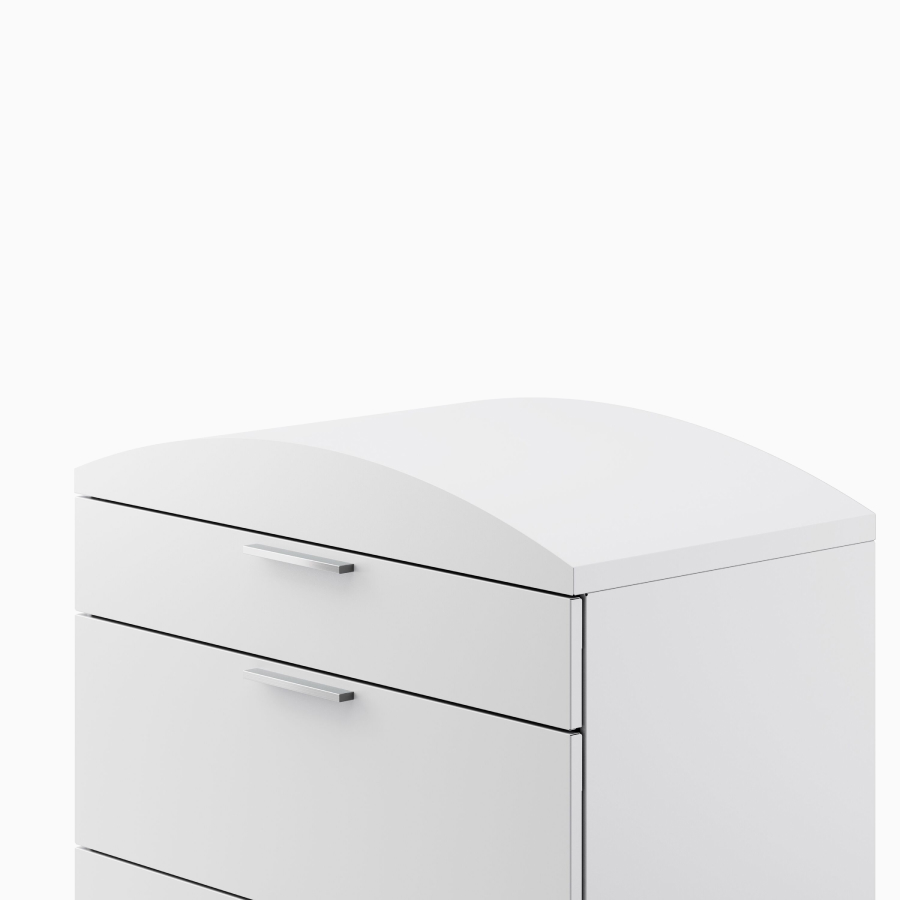 Close up of a light gray Meridian Storage lateral file with dome top, viewed from an angle.