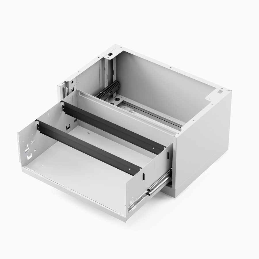 Detailed image of the interior of a Meridian Storage lateral file, with side-to-side filing.