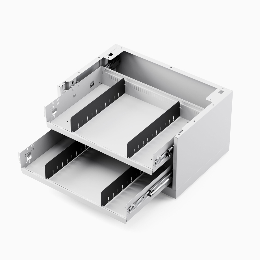 Interior of a Meridian Storage lateral file with movable partitions, viewed from the top.