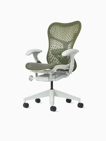 Front angle view of a Mirra 2 chair with Trflex back in olive and alpine frame.