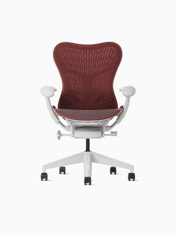 Front view of a Mirra 2 chair with a Butterfly back in cordovan and alpine frame.