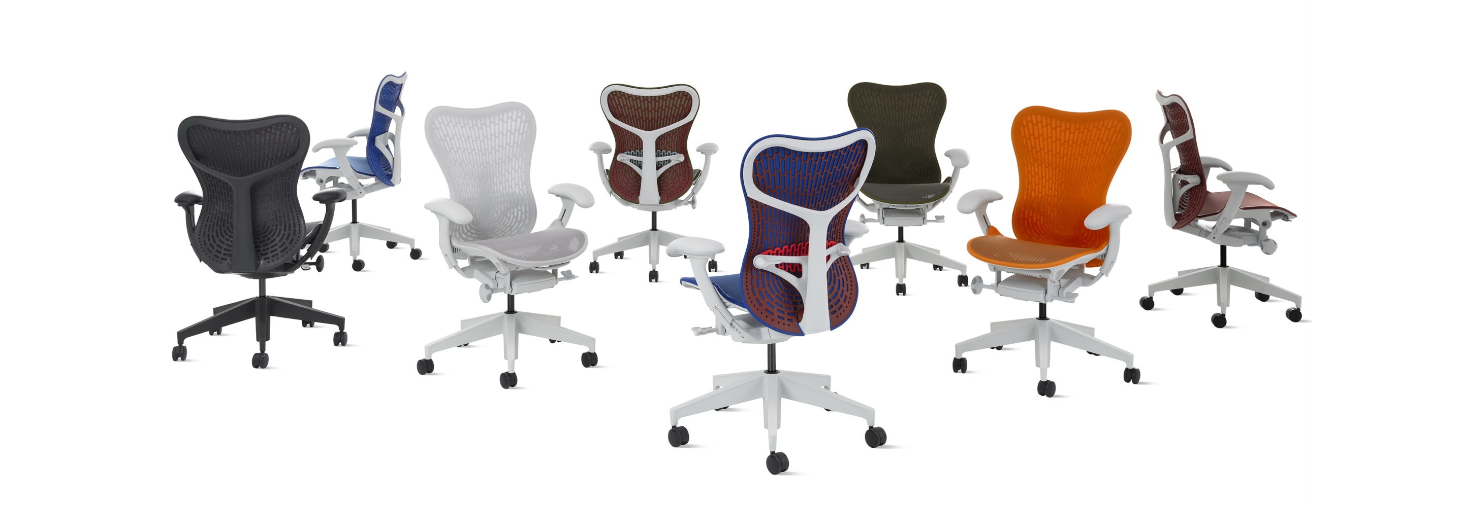 A group of eight Mirra 2 chairs in a row in multiple colors with Butterfly backs.