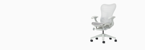 Front angle view of a Mirra 2 chair with a Butterfly back in alpine and a silver alloy base.