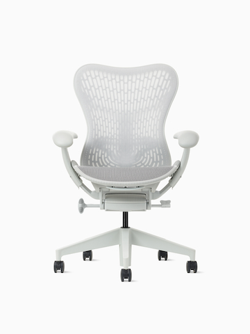 Front view of a Mirra 2 chair with a Butterfly back in alpine and a silver alloy base.