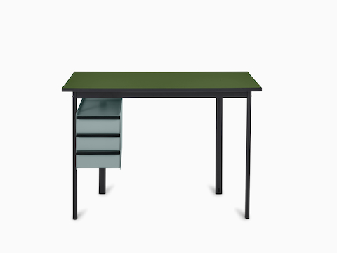 Mode desk in black with pesto top and glacier blue drawers.