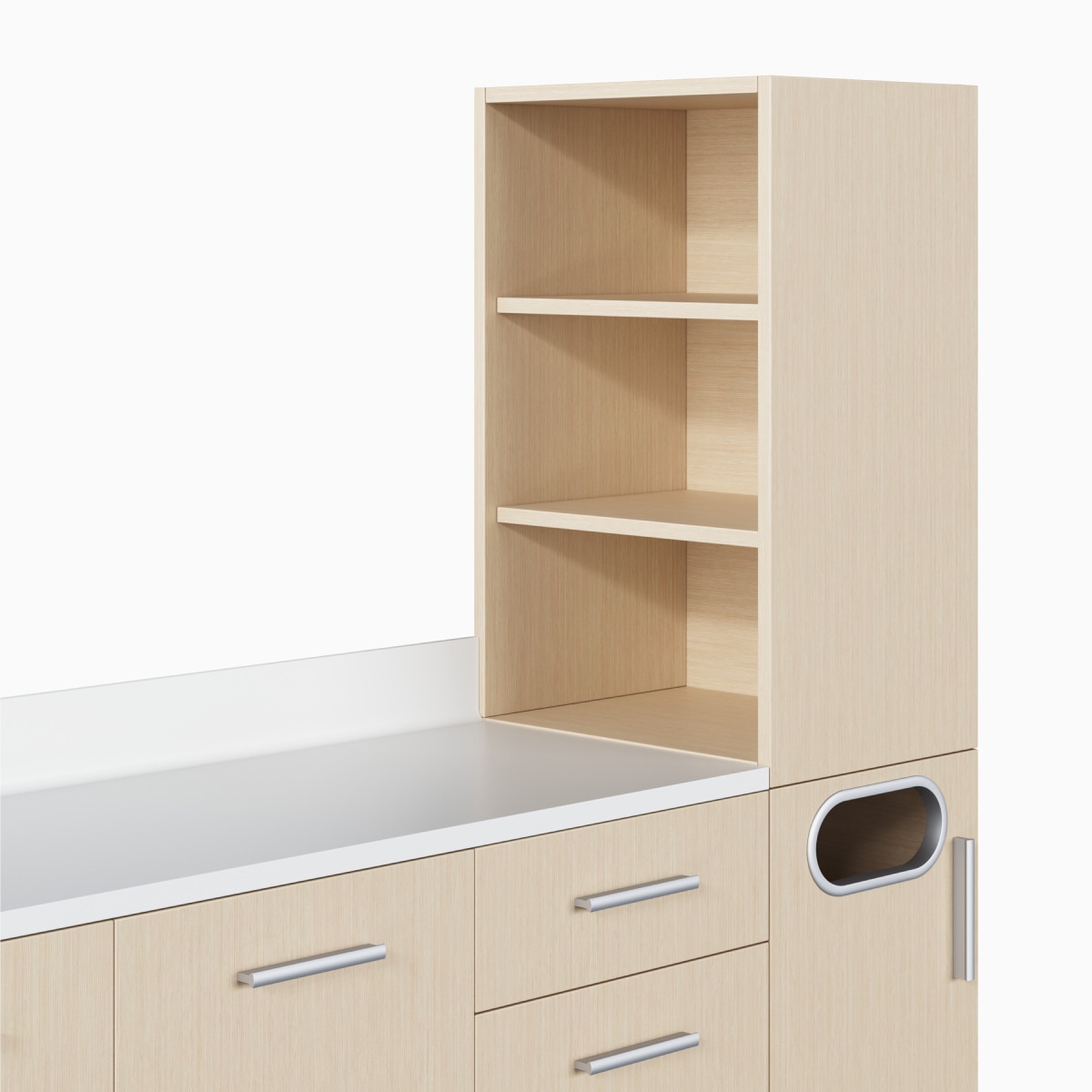 A close-up view of a Mora Casework storage tower in ash finish.