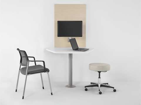 Mora System clinical casework supports a monitor to facilitate interaction between patient and caregiver.