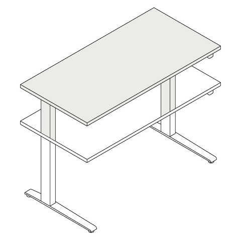 A line drawing of the standing desk, Motia Sit-to-Stand Table, extended to its maximum height range.