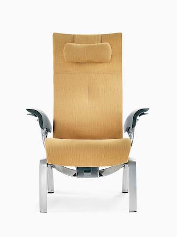 A mustard-coloured Nala Patient Chair, viewed from the front.
