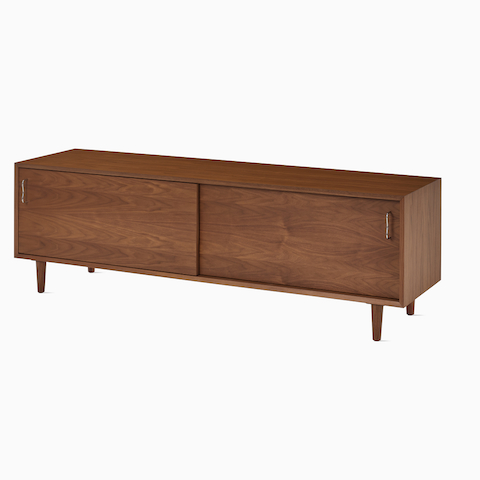 Nelson Basic Cabinet Series Media Unit in walnut, taper legs, and wavy pulls.