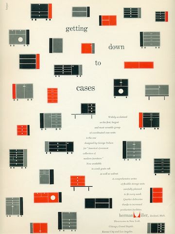 Red, black, and gray graphic renderings of various combinations of the Nelson Basic Cabinet Series surround promotional text that curves through the advertisement.