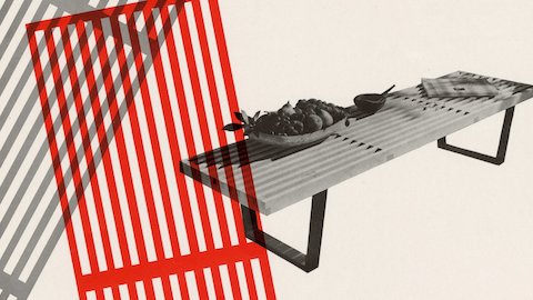Bold gray and red graphics in the shape of the Nelson Bench top, positioned to the left of an angled Nelson Bench image holding small decorative objects.