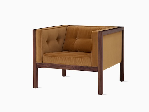 Nelson Cube Armchair in walnut and velvet.