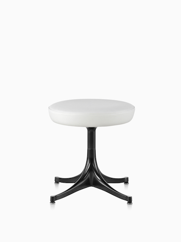 White leather Nelson Pedestal Stool with black base. Select to go to the Nelson Pedestal Stool product page.