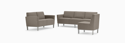 Family shot of Brava Platform Lounge System consisting of one chair, two seat and three seat on metal base.