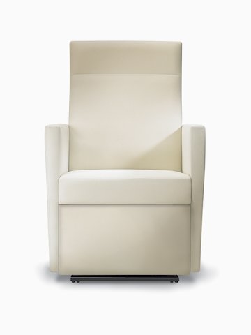 A front view of a Brava Glider with high back in white textile with fully upholstered arms.