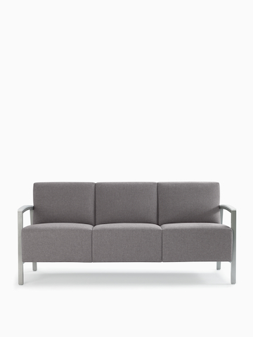 Front view of a gray Brava Modern Lounge Seating (three seat) with wood arm caps.