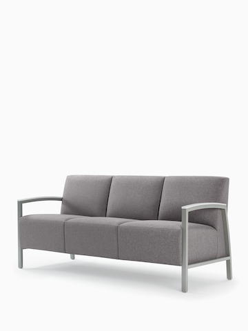 Front three-quarter view of a gray Brava Modern Lounge (three seat) with wood arm caps.