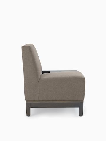 Side view of a gray Brava Platform Lounge chair without arms with right-facing literature caddy.