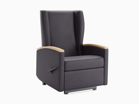 Culla Reclining Glider in a purple upholstery with curved wood arm caps.